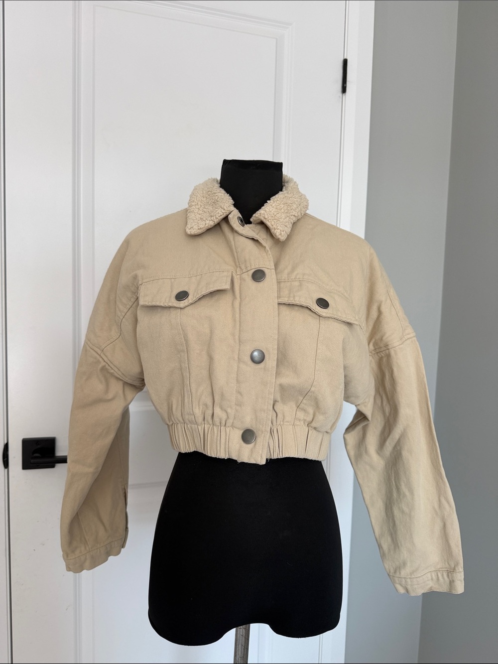 Fashion Nova Cropped Teddy Collar Jacket - Beige